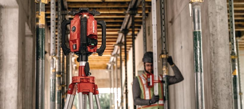 PR 40-22 Single slope rotary laser level Robust exterior rotary laser level with automatic functions for long-distance leveling, aligning, sloping and squaring (Nuron battery platform) Applications 1