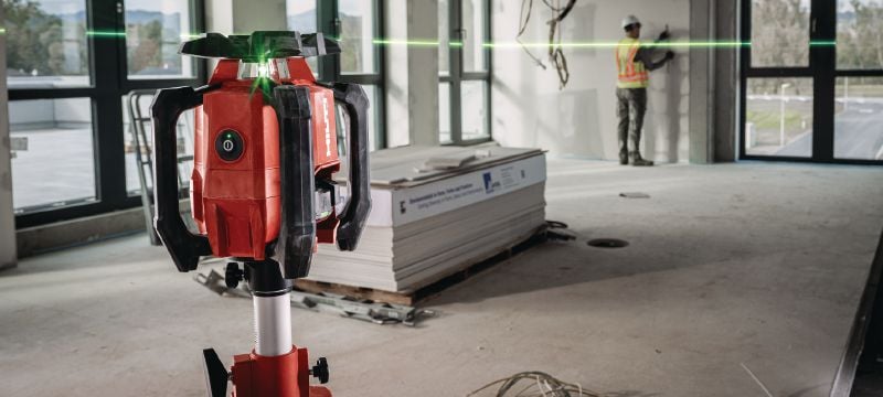 PR 40G-22 Single slope green rotating laser level Robust interior rotary laser level with highly visible green beam and automatic functions for leveling, aligning, sloping and squaring (Nuron platform) Applications 1